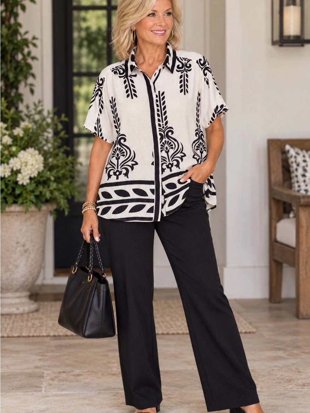Umgee Printed Button Down Shirt in White & Black large